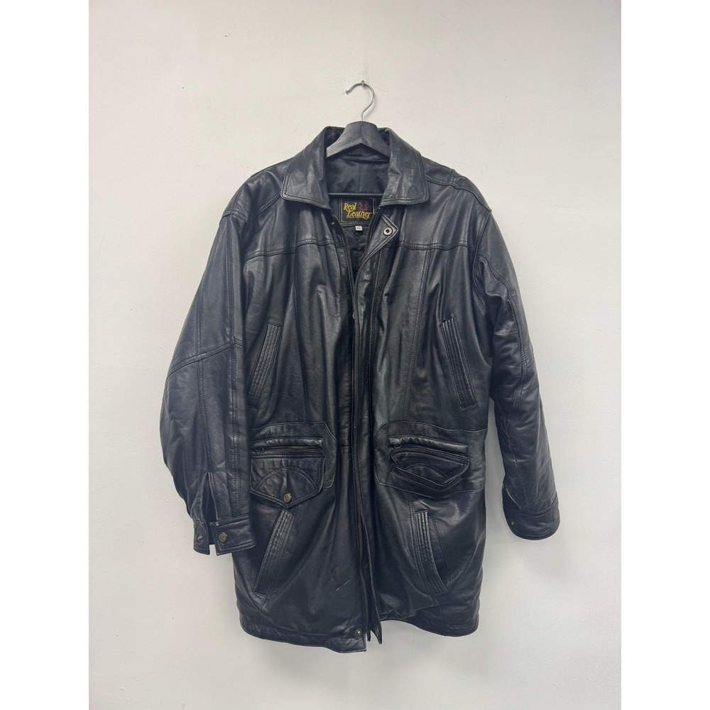Real Leather Jacket Mens XL Black Long Coat Multi Pocket‎ Zip Button Overcoat